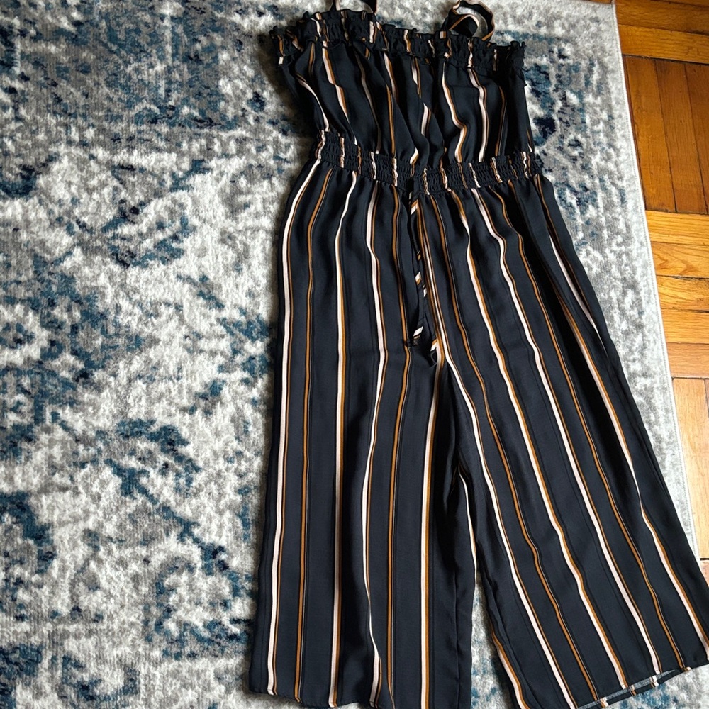 Elegant Black and Tan Striped  Spaghetti Strap Jumpsuit